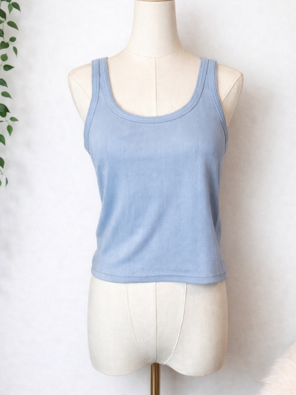 Classic Light Blue Ribbed Tank Top - Women's Scoop Neck